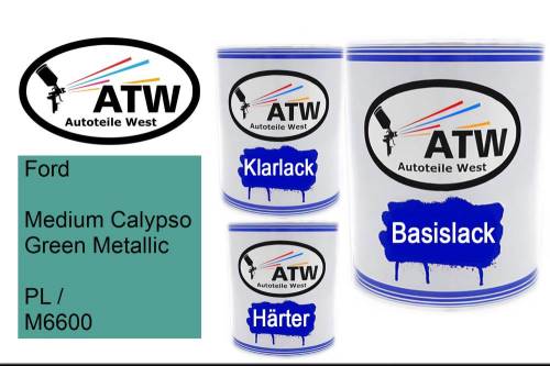 Ford, Medium Calypso Green Metallic, PL / M6600: 1L Lackdose + 1L Klarlack + 500ml Härter - Set, von ATW Autoteile West.